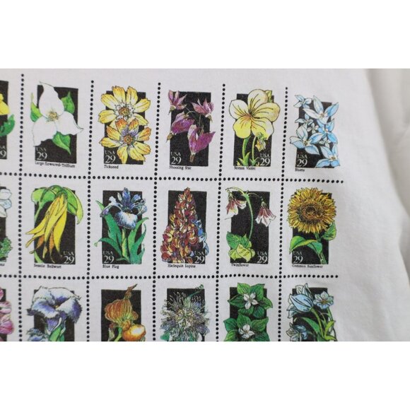 Vtg 90s Streetwear Womens XL Distressed USPS Postage Stamps Flower T-Shirt USA - Picture 9 of 16